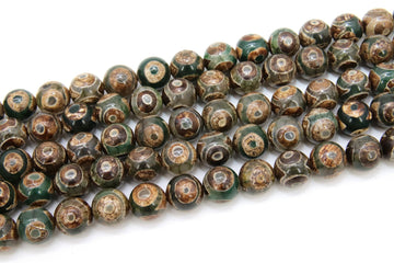Tibetan DZI Agate Beads, Smooth Round Olive Hunter Green and Antique Brown Beads BS #37, sizes in 10 mm 15.75 inch Strands